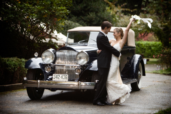 wedding photo by J Garner Photography, classic car, happy bride and groom